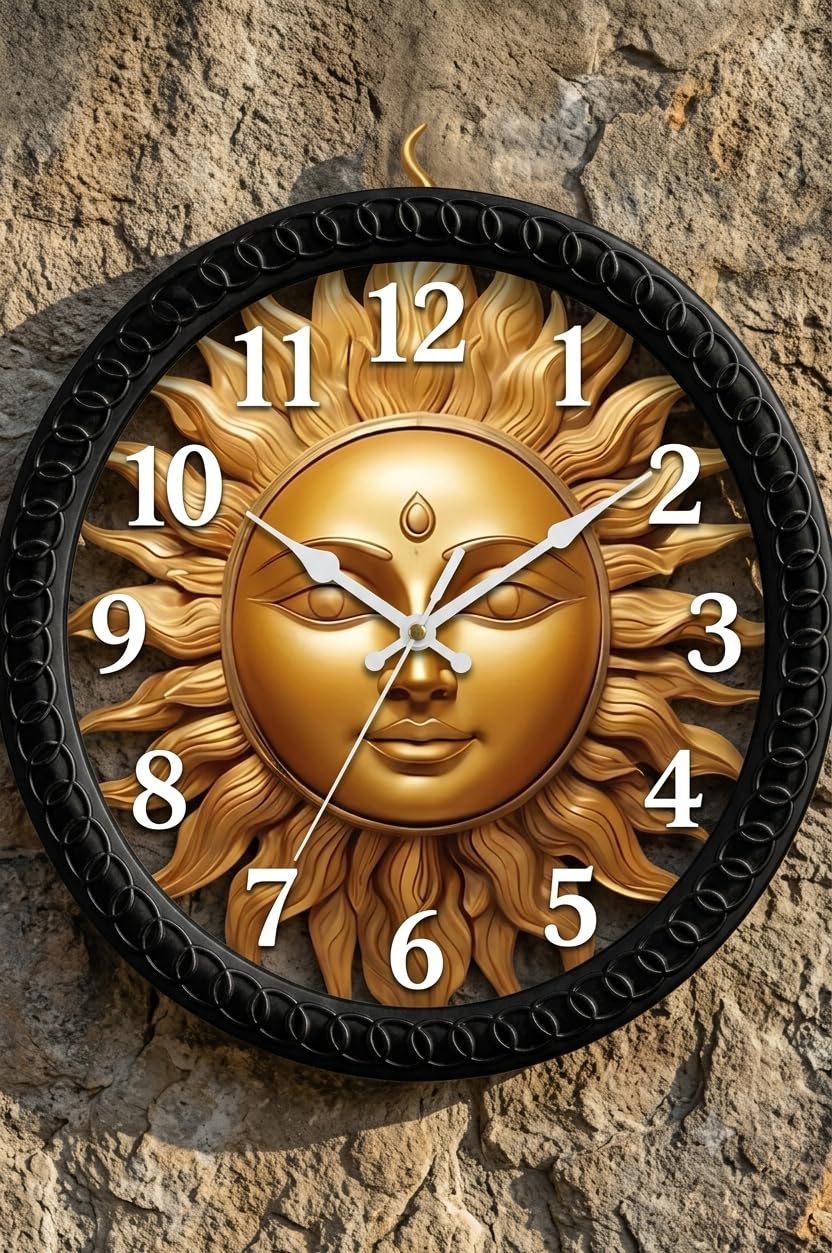 Golden Sun Face Wall Clock for Home Decor | Premium Silent Non-Ticking Analog Round Wall Clock | HD Printed Glass Finish | Decorative Sun Design Clock for Living Room, Bedroom_G.Sun_24-image-1