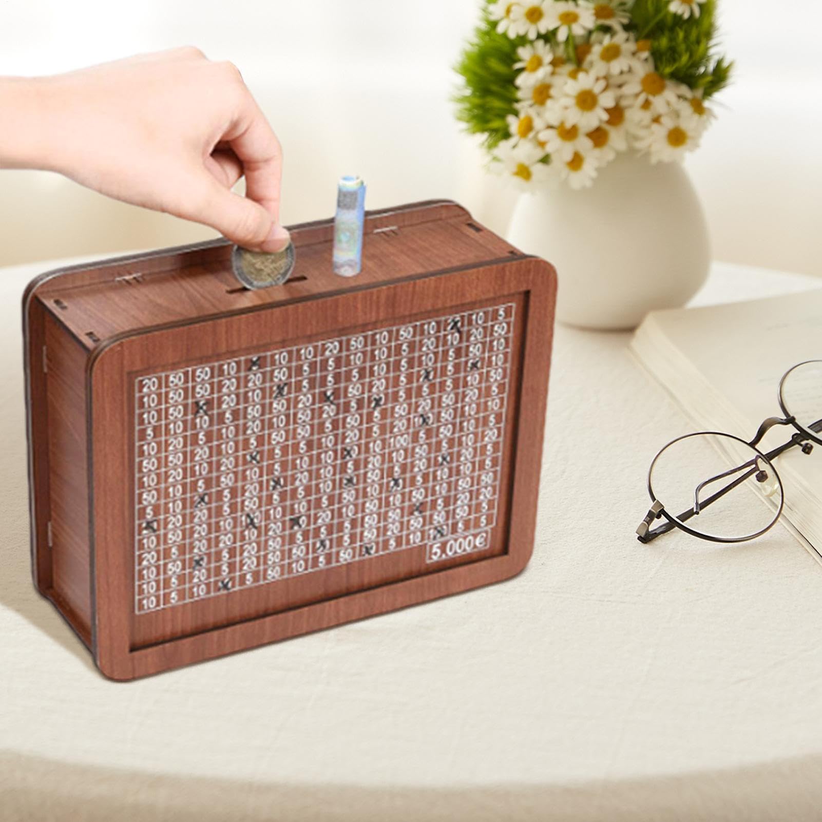 Salvadanaio in Legno, 5000/10000 Banconote con Contatore, Salvadanaio Riutilizzabile Retro con Obiettivo di Risparmio e Numeri, Portatile per Adulti e Bambini
