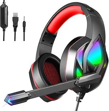 Donerton Gaming Headset, Over-Ear Gaming Headphones with Noise Canceling Mic, Stereo Bass Surround Sound, Soft Memory Earmuffs LED Light PS4 Gaming Headset Compatible with PC, Laptop, PS4, PS5, Red