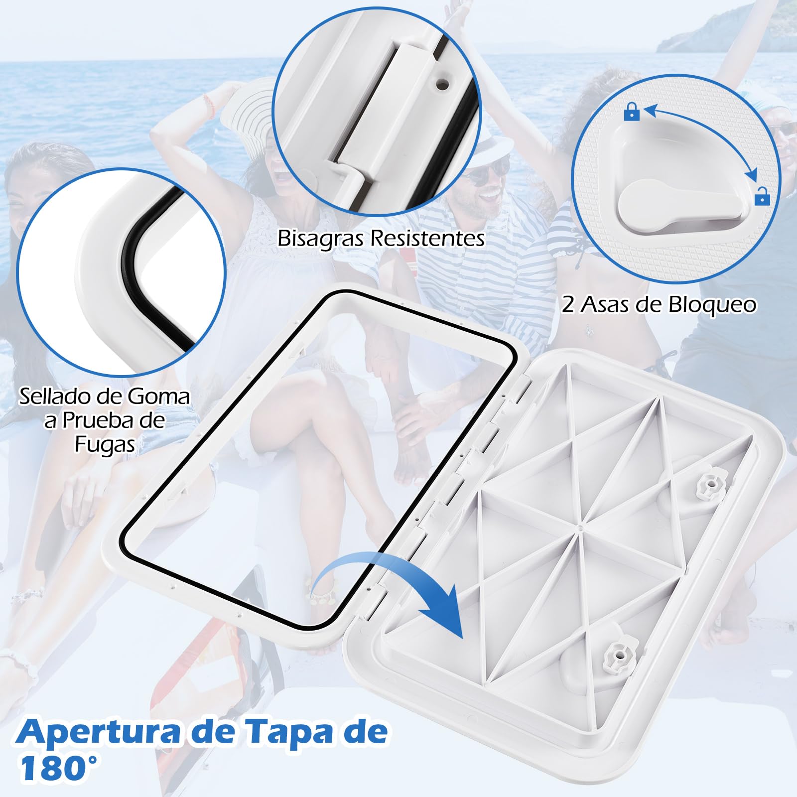 COSTWAY Escotilla de Barco 60,5 x 35,5 cm, Escotilla de Acceso a la Cubierta Marina con Bisagra de Tapa de Apertura de 180° y Superficie Antideslizante, Tapa Rectangular para Barco, Yate, RV