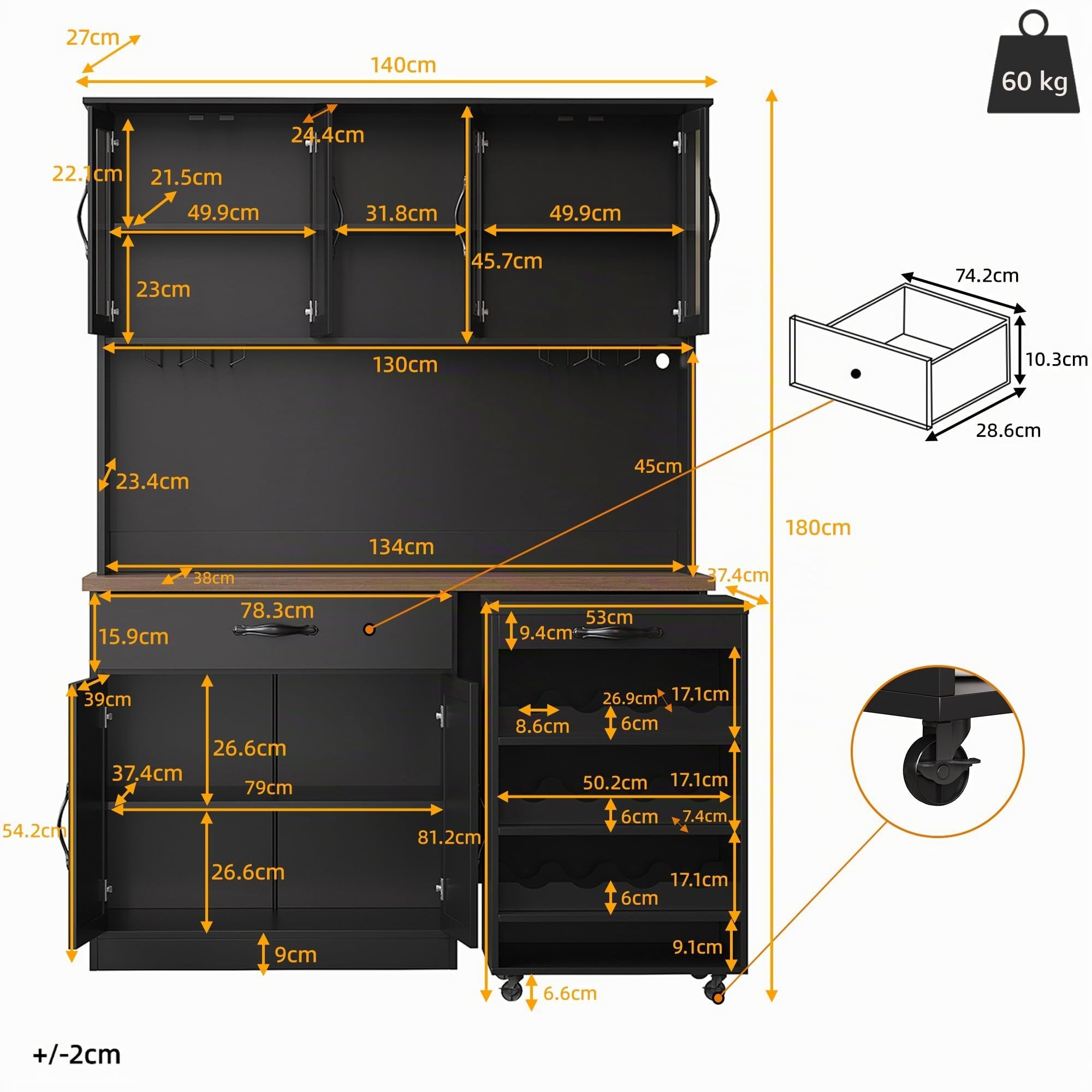 140cm Küchenschrank Schwarz mit Rollwagen, Hochschrank mit LED-Beleuchtung, Pantryschrank mit Weinglasregal & Weinregal, Beleuchteter Sideboard Schrank für Wohnzimmer, Esszimmer