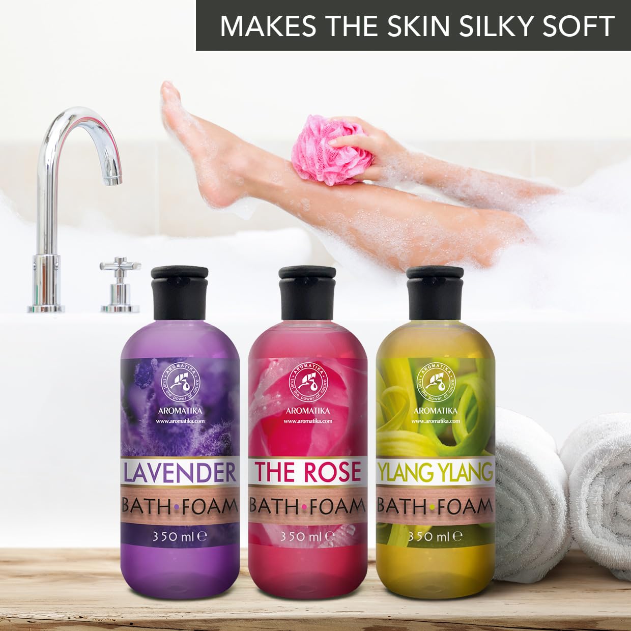Espuma de Baño Set 3x350ml - Espuma de Baño con Aceite Esencial de Lavanda & Absoluto de Rosa & Ylang Ylang - Cuidado del Cuerpo - Relajación - Aromaterapia - Spa - Baños de Burbujas - Belleza