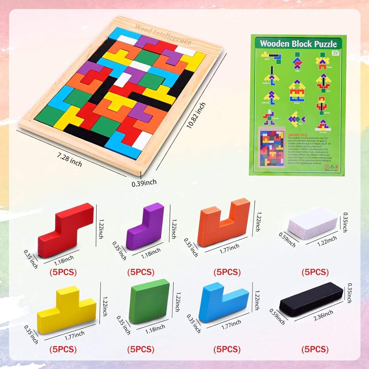 DBRTOYS Wooden Tetris Puzzle Game Board, 40 Pieces, Educational Brain Teaser for Kids and Adults, Multicoloured 2