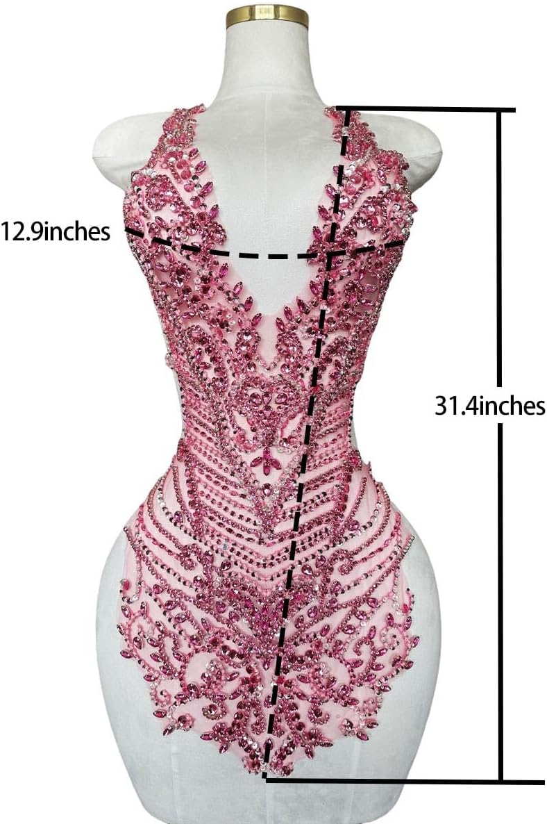 Handmade Rhinestones Large Bodice Applique Glass Stones Beads Bright Crystal Lace Patches Accessories for Weding Dress Decorations (Pink)