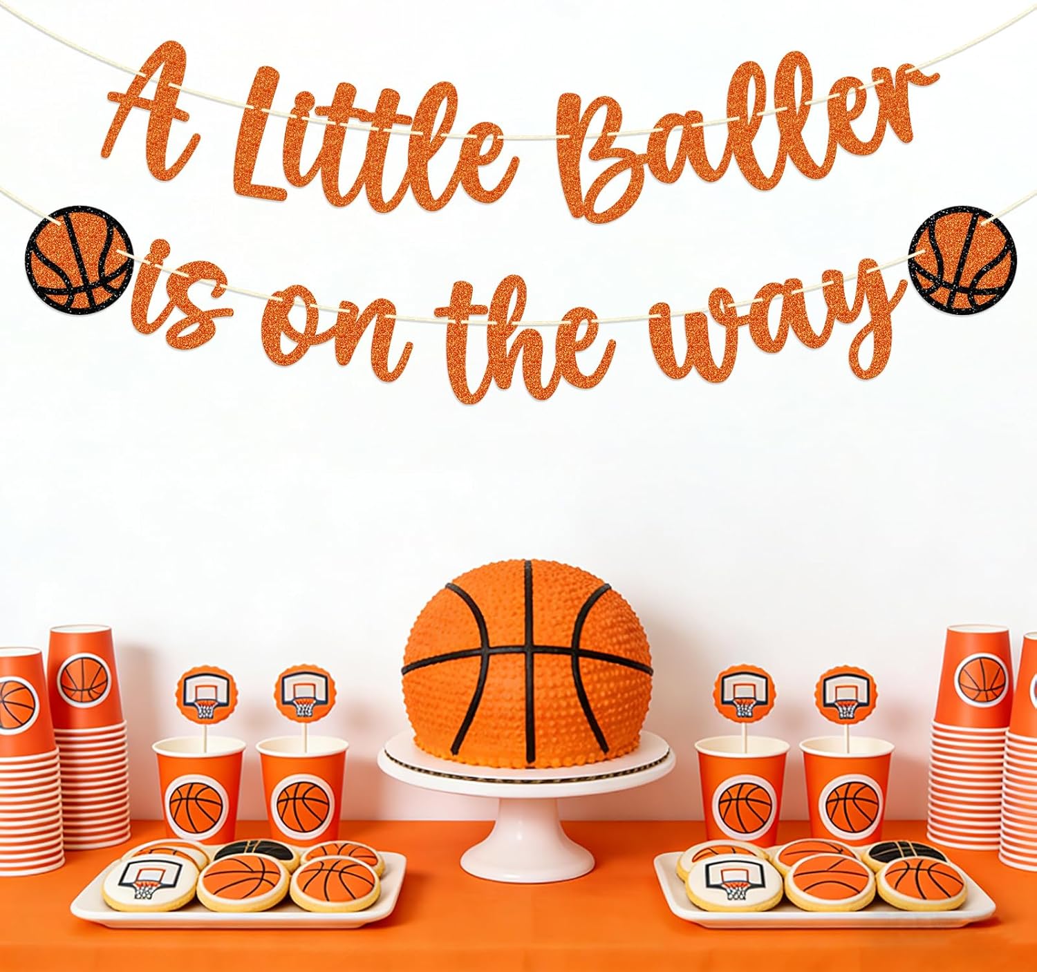 A Little Baller is on The Way Banner - Basketball Theme Baby Shower Decorations - Sports Gender Reveal Party Supplies - Blue and Orange Glitter Baller Sign - Basketball Nursery Decor - Pre-Strung