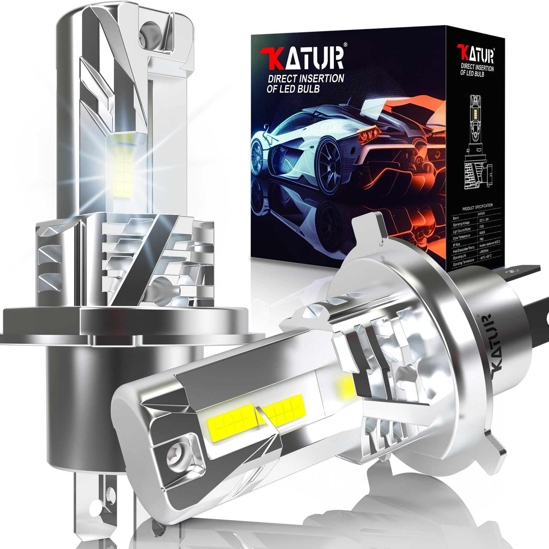 KATUR H4 LED Headlight Bulbs, 9003 HB2 Hi/Lo Beam LED Bulb 28000LM 80W 6000K White 500% Brightness Fanless Waterproof Mini Size Plug and Play, Pack of 2