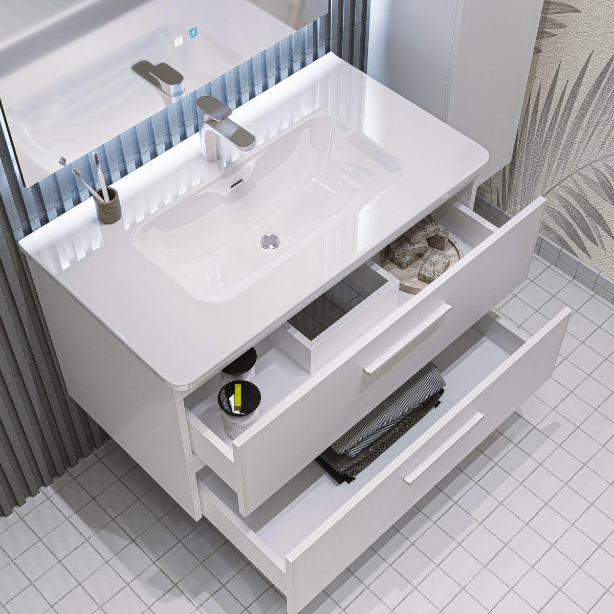MarinelliGroup Mobile bagno SOSPESO 60 80 100 120 cm con lavabo in ceramica 2 cassetti LINDA (120 cm, Bianco)