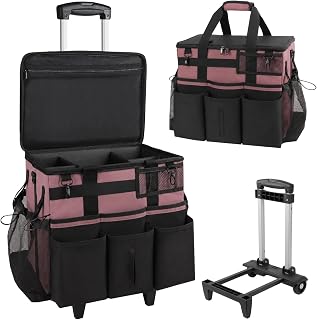 SCAVATA Rolling Cleaning Caddy Bag with Detachable Trolley & Wheels | Large Cleaning Supply Organizer, Portable Multi-Pocket Cleaning Cart for Housekeeper, Adjustable Shoulder Strap, LotusPink