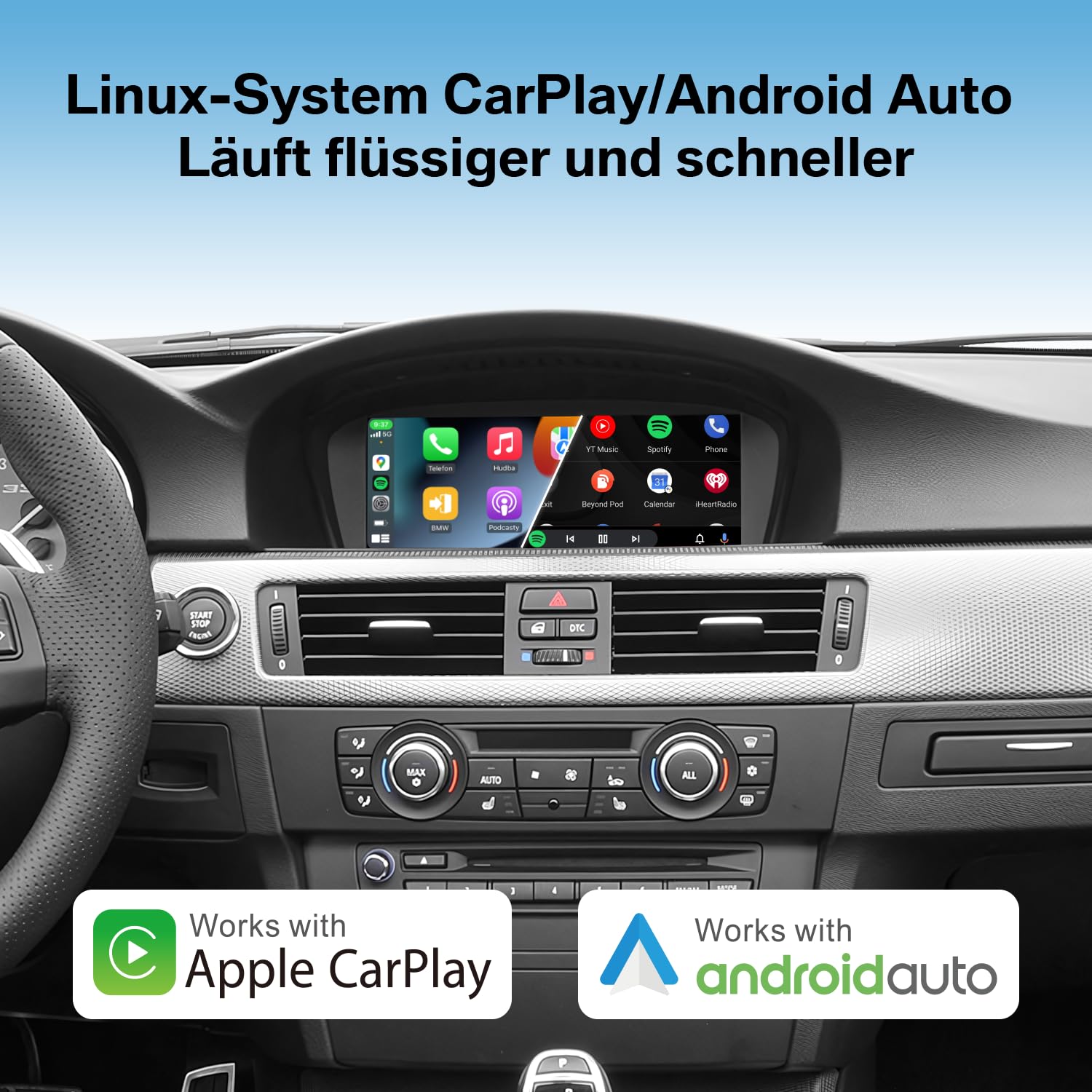 Linux Autoradio für BMW 3er 5er CCC System mit CarPlay & Android Auto | 8,8 Zoll, E90 E91 E92 E93 E60 E61 (2003-2008) Plug & Play, erhält Original iDrive, Lenkradsteuerung OEM Rückfahrkamera