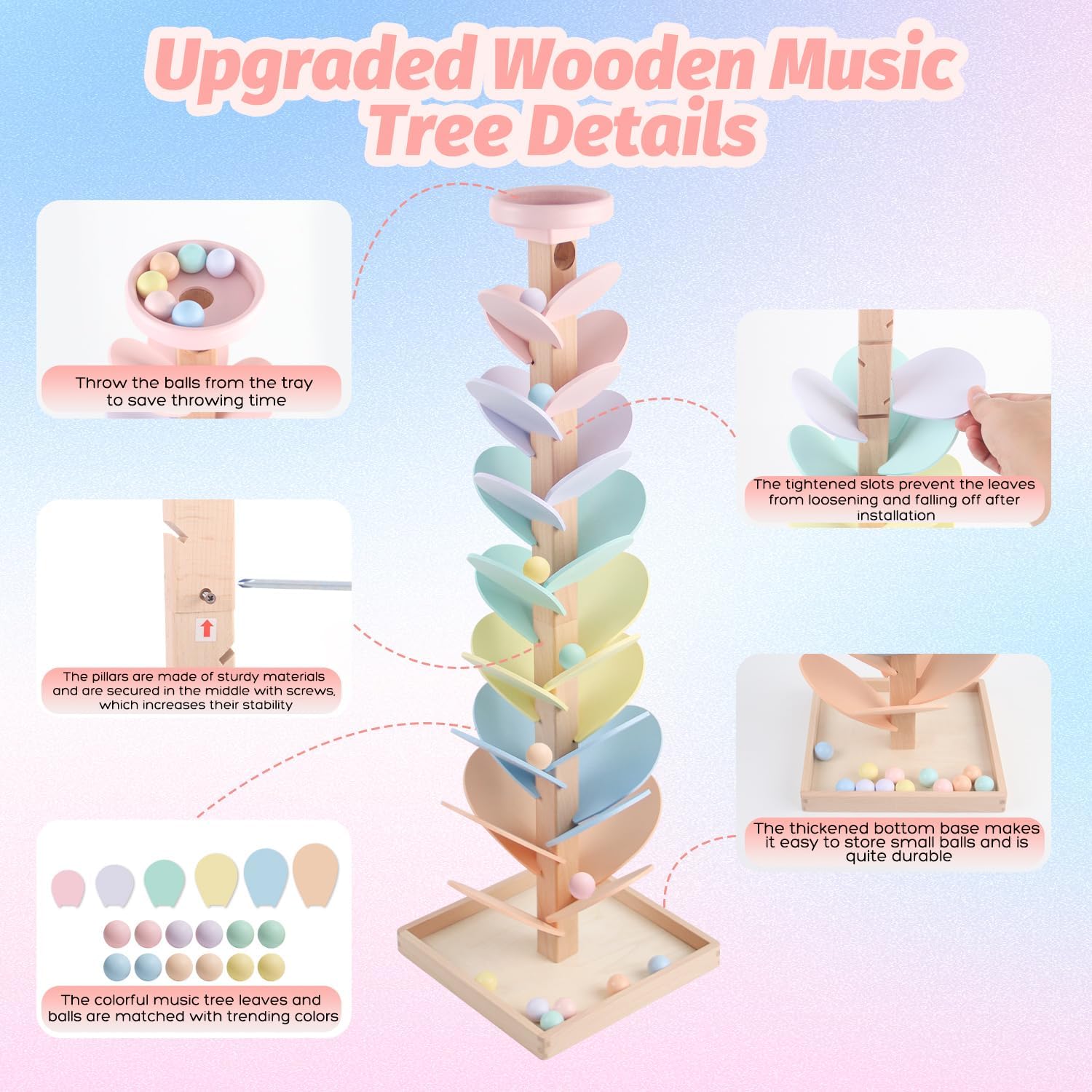 Wooden Marble Run Ball Drop Montessori Toys for Toddlers 4-8 Boys Girls Kids Wood Music Tree Marble Ball Run Game 3-5 8-12 Years Old Learning Color Sorting Sensory Toys Birthday Gift (Height: 28")