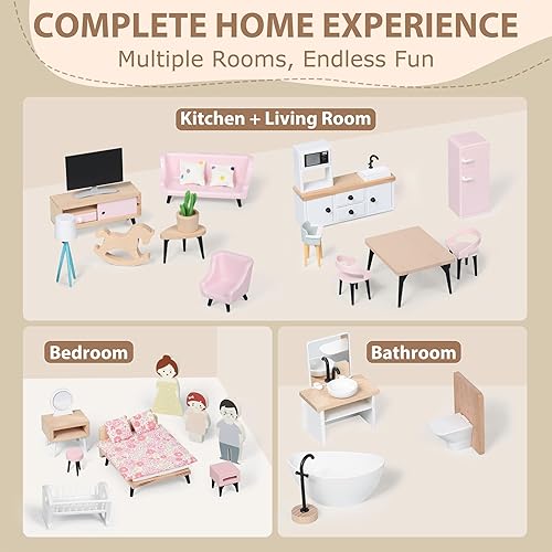 Miniatura 3 de Juego de muebles de casa de muñecas de madera, accesorios y muebles para casa de muñecas, con 7 habitaciones, 3 muñecas, incluye juego de patio y