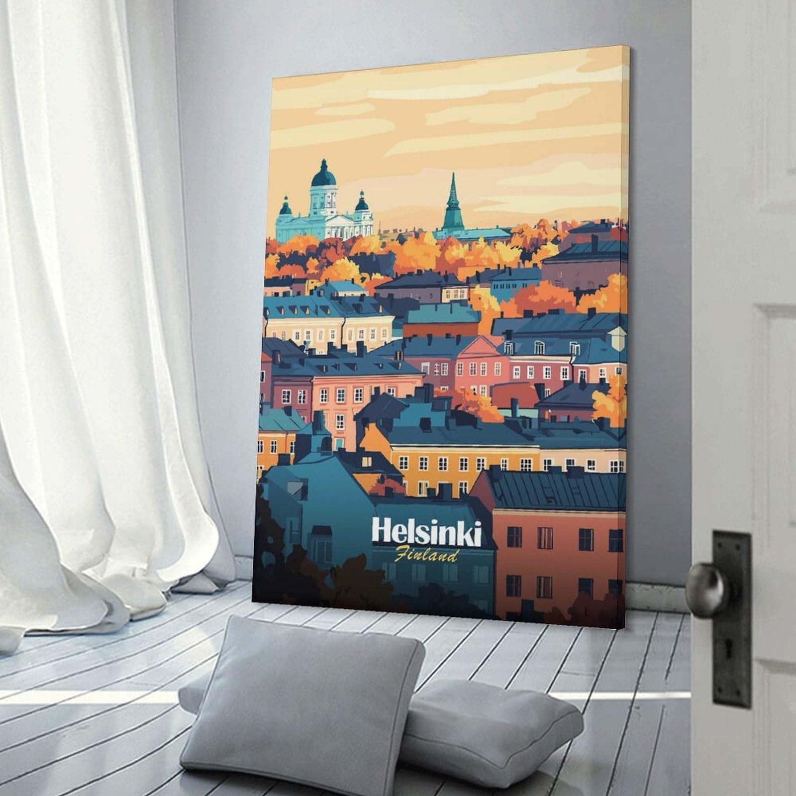 Junmoney Frame-Style-8 Helsinki Cityscape Room Decor Wall Art 16X24inch(40X60cm), For Entrance Walls, Hall Decor Or Foyers, A Neat Decor Update For Hallways