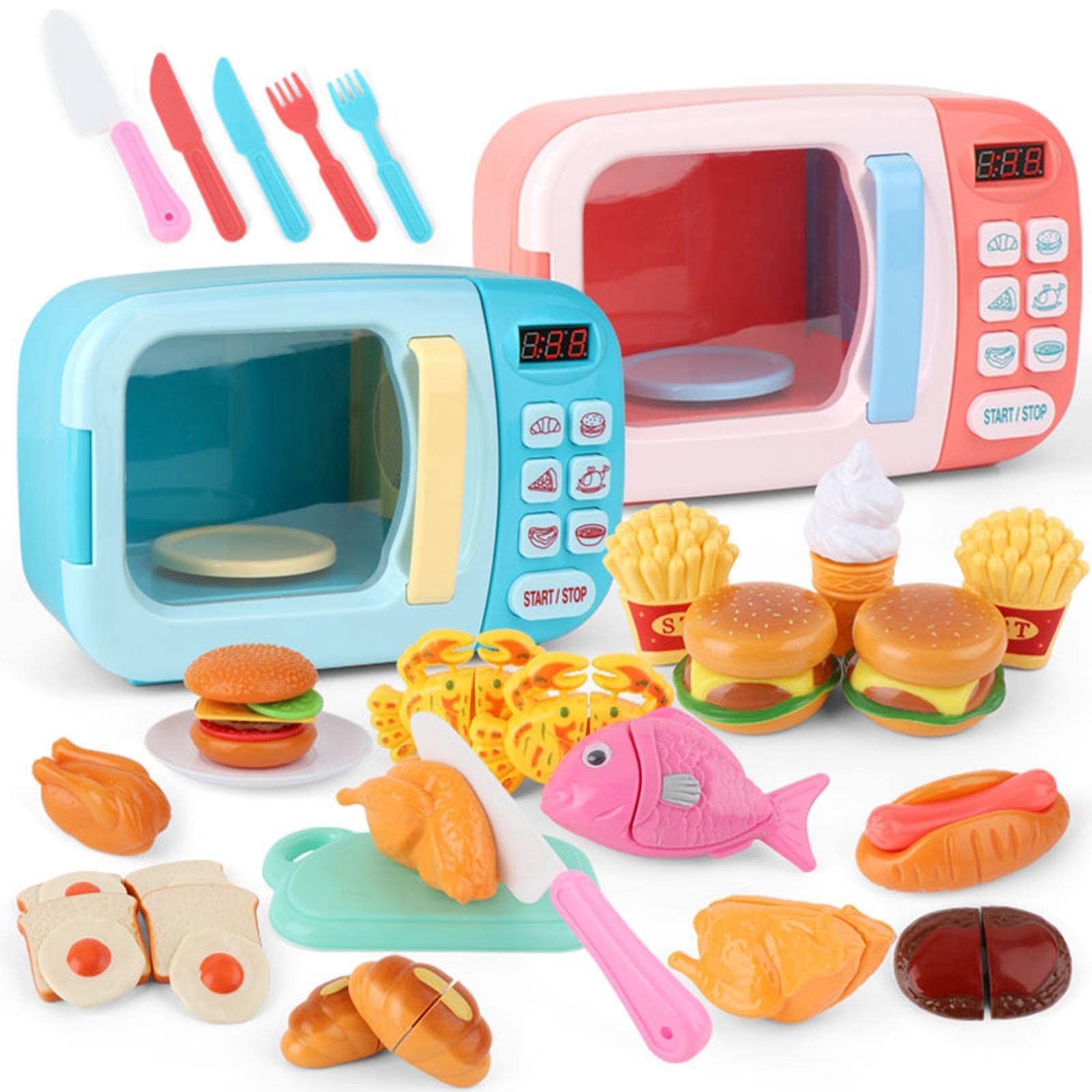 Juego de Horno Microondas de Juguete de 13 Piezas para Niños, Accesorios de Cocina, Comida de Juguete, Funciones Interactivas de Cocina, Luces Y, Azul, 31 Uds.