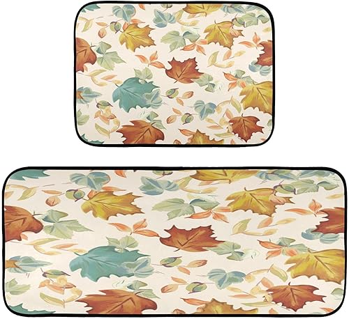 Colorful Fall Pattern Kitchen Rugs Set of 2, Maple Leaves Floor Mat Runner Rug Washable Non Slip Washable Standing Mat Home Office Seasonal Decor Rug