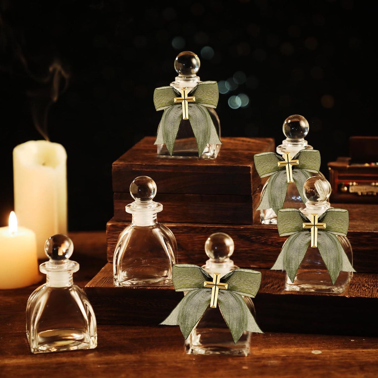Chuangdi 24 Set Holy Water Bottles Catholic Clear Holy Water Container 50ml Christian Glass Bottle with Cross Lapel Pin and Lace Bow for Communion Gift Church Baptism Wedding Party (Sage Green)