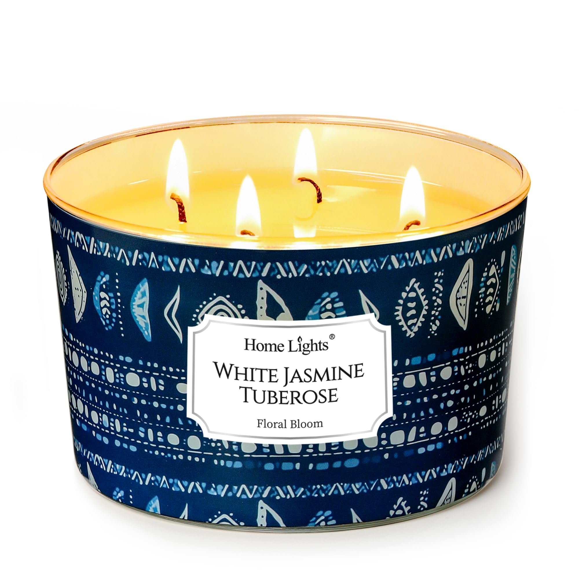 HomeLights Scented Candles for Women & Men, 18oz Candle Jars Aromatherapy 4-Wick Candle, Ideal for Bohemian Natural Textures Home Decor and Gifts, White Jasmine Tuberose