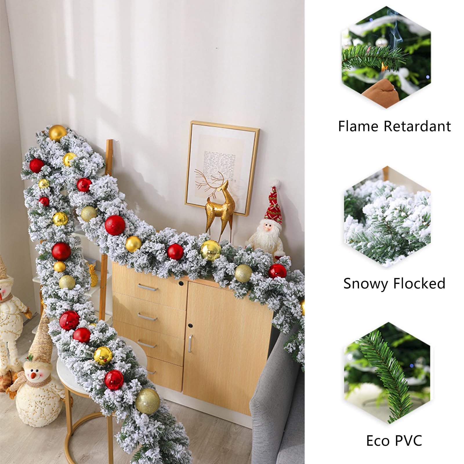 Guirnalda Navideña Artificial Flocada de 270 cm, Guirnalda Navideña Larga de Invierno, Decoracion Navidad para Hogar,Exterior,Interior,Chimenea,Escalera,Mesa,Porche,Oro