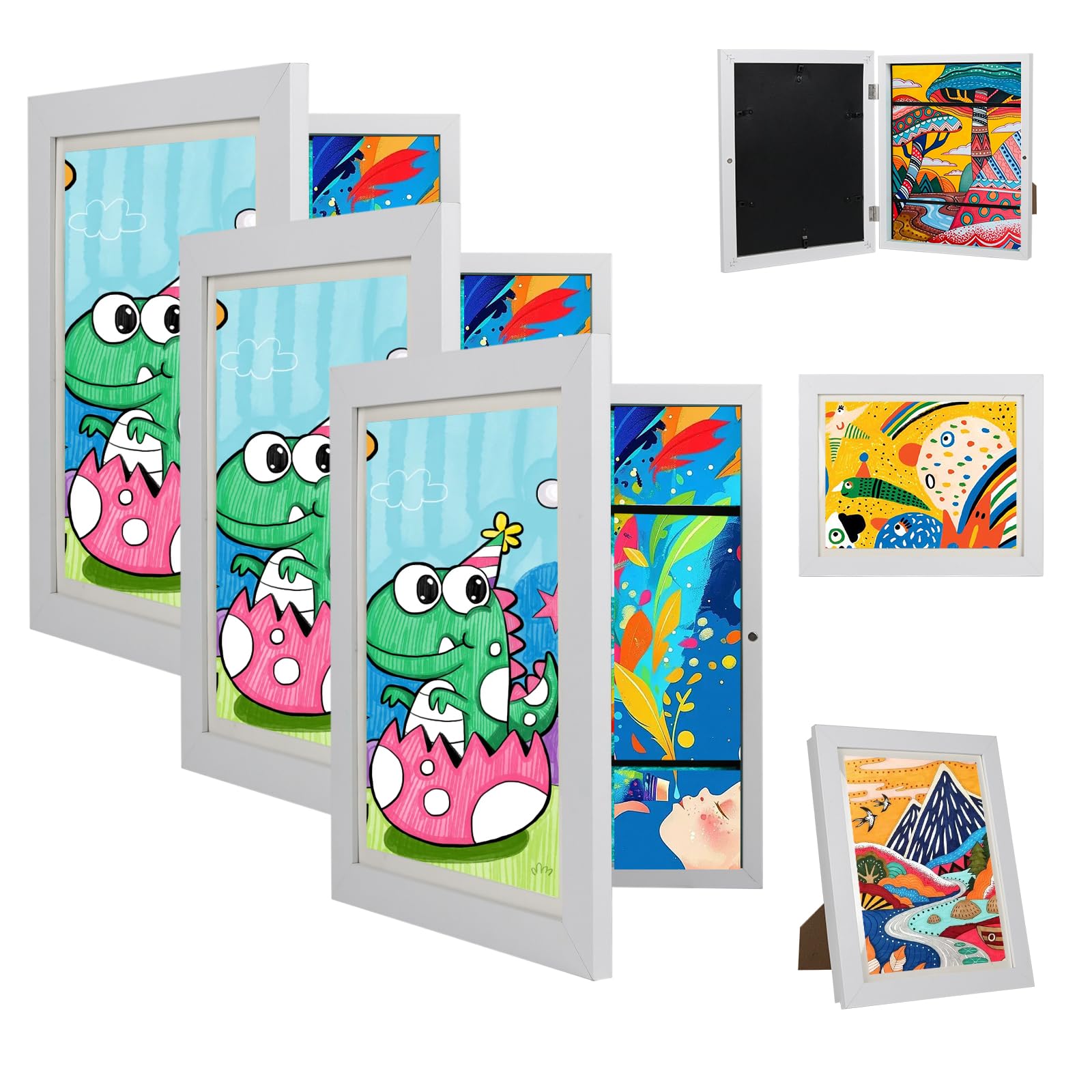 Orankay 3Pack Kids Art Frame - Kids Artwork Frames Changeable,Front Opening Holds 150,8.5x11 Children Art Work Frames for Kids Art,White Rows Kid Art