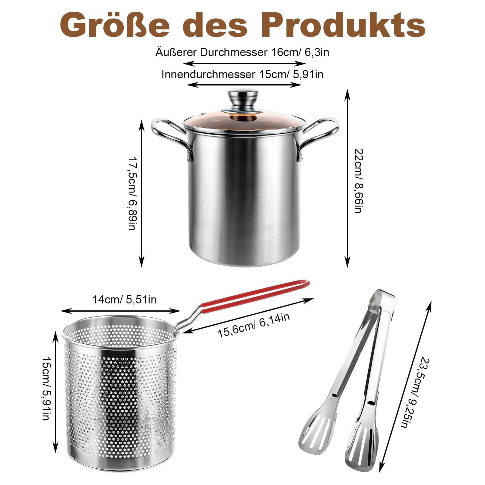 Pentola per asparagi in acciaio inox, 3 l, alta pentola, setaccio con manico, asparagus pot, pasta pot, friggitrice con pinze e vetro Lid, per una varietà di piani cottura e lavastoviglie