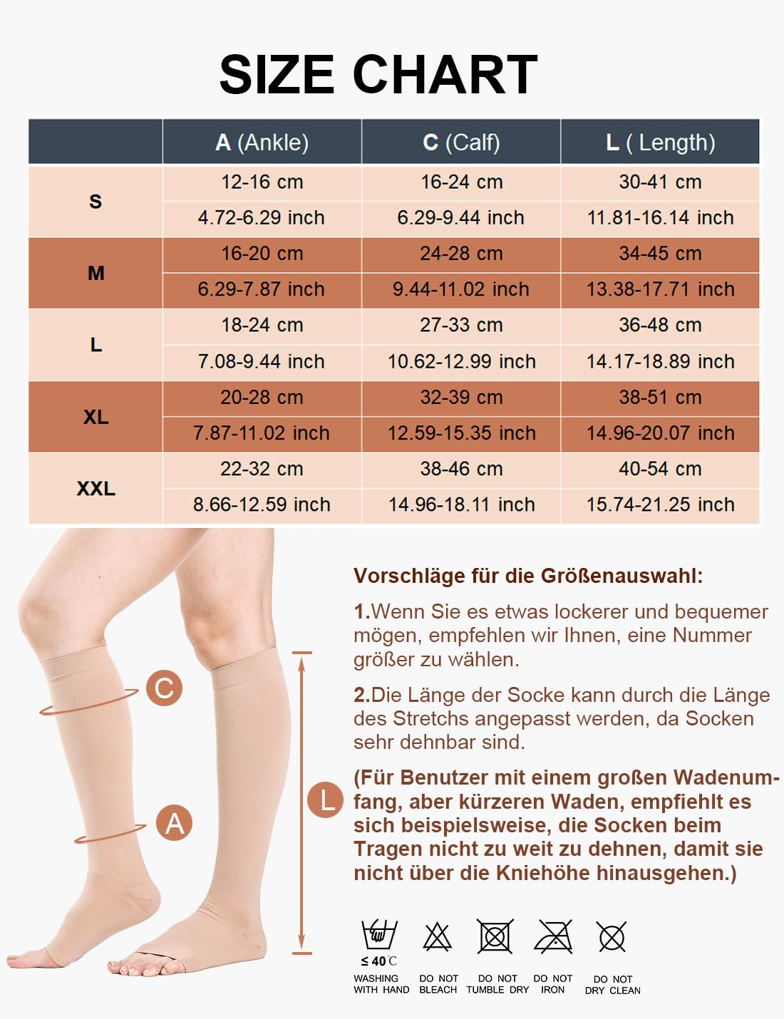 2 pary medycznych pończoch uciskowych dla mężczyzn i kobiet, 20-30 mmHg, klasa 2, otwarte palce, stopniowane pończochy podtrzymujące żylaki, obrzęk, lot, 2 x beżowe, XL