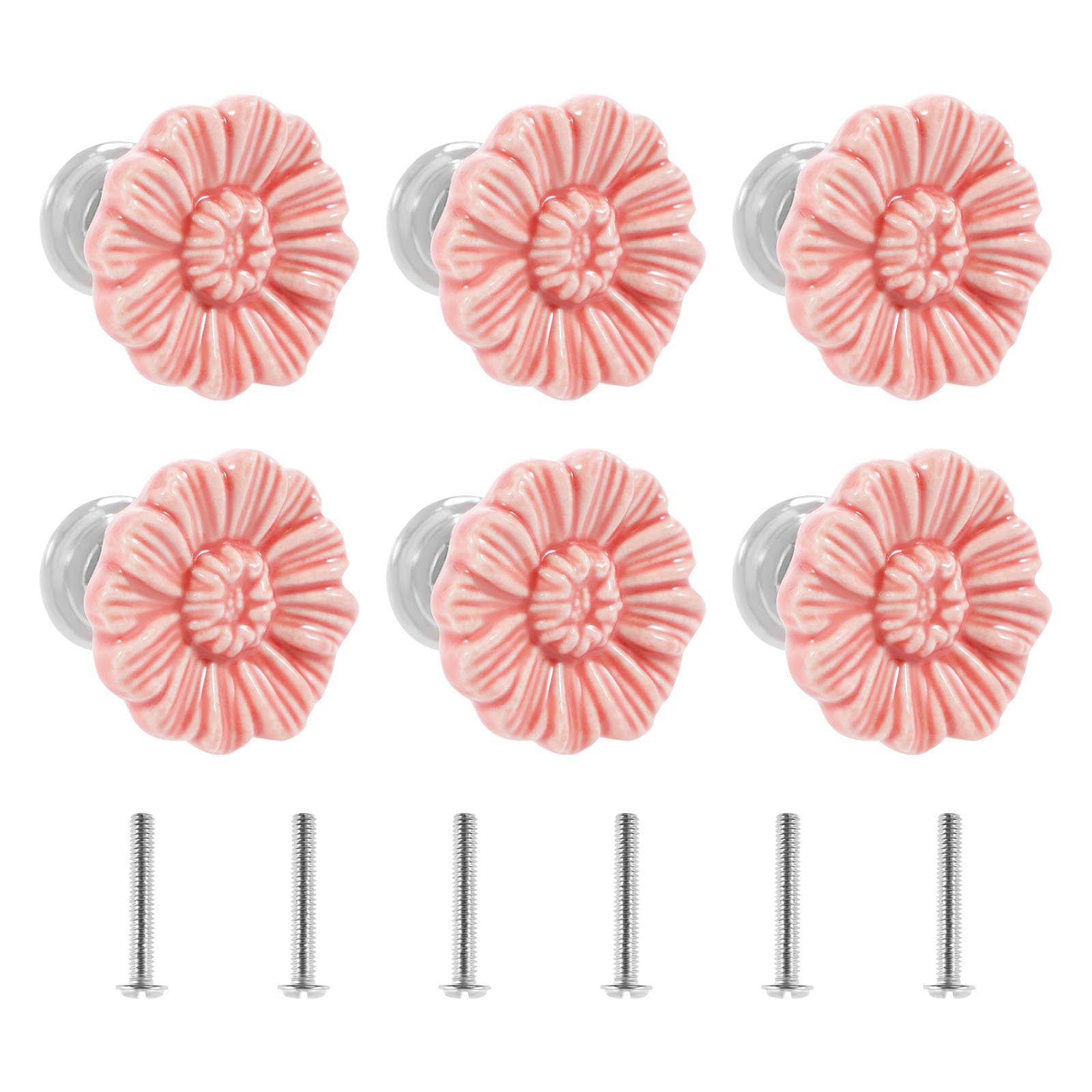 Nihuifdpy Pink 6Pcs Drawer Knobs, Decorative Ceramic Cupboard Handles, 33Mm Elegant Flower Shape Design Kitchen Door Handles, Vintage Furniture Pull Knobs With Screws For Closet, Dresser, Furniture Door(Pink)