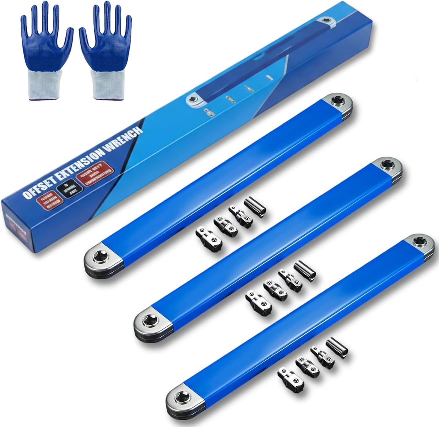 2026 Upgraded Pro Offset Extension Wrench Set, Impact Ready 744g Heavy Duty Reinforced Steel Tight Reach Wrench with 1/4", 3/8", 1/2" Square Drive Adapters for Automotive Repair (3pcs)