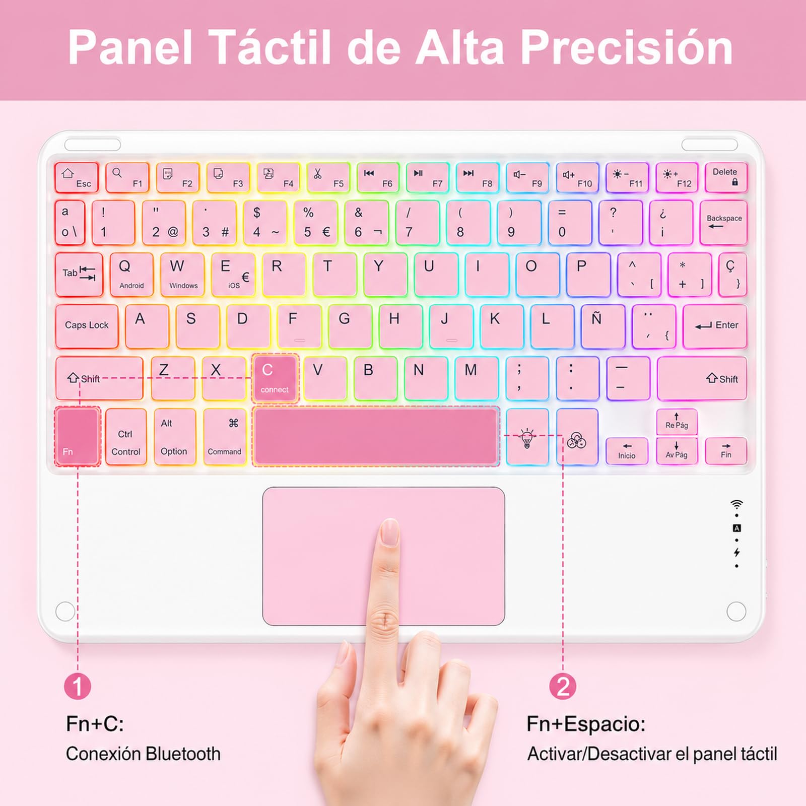 Teclado Bluetooth con Touchpad para iPad,Teclado Español Ñ Inalámbrico Retroiluminado para Tablets,Android,iOS y Windows,Teclado con 7 Colores Recargable Portátil QWERTY para iPad,Samsung,Huawei