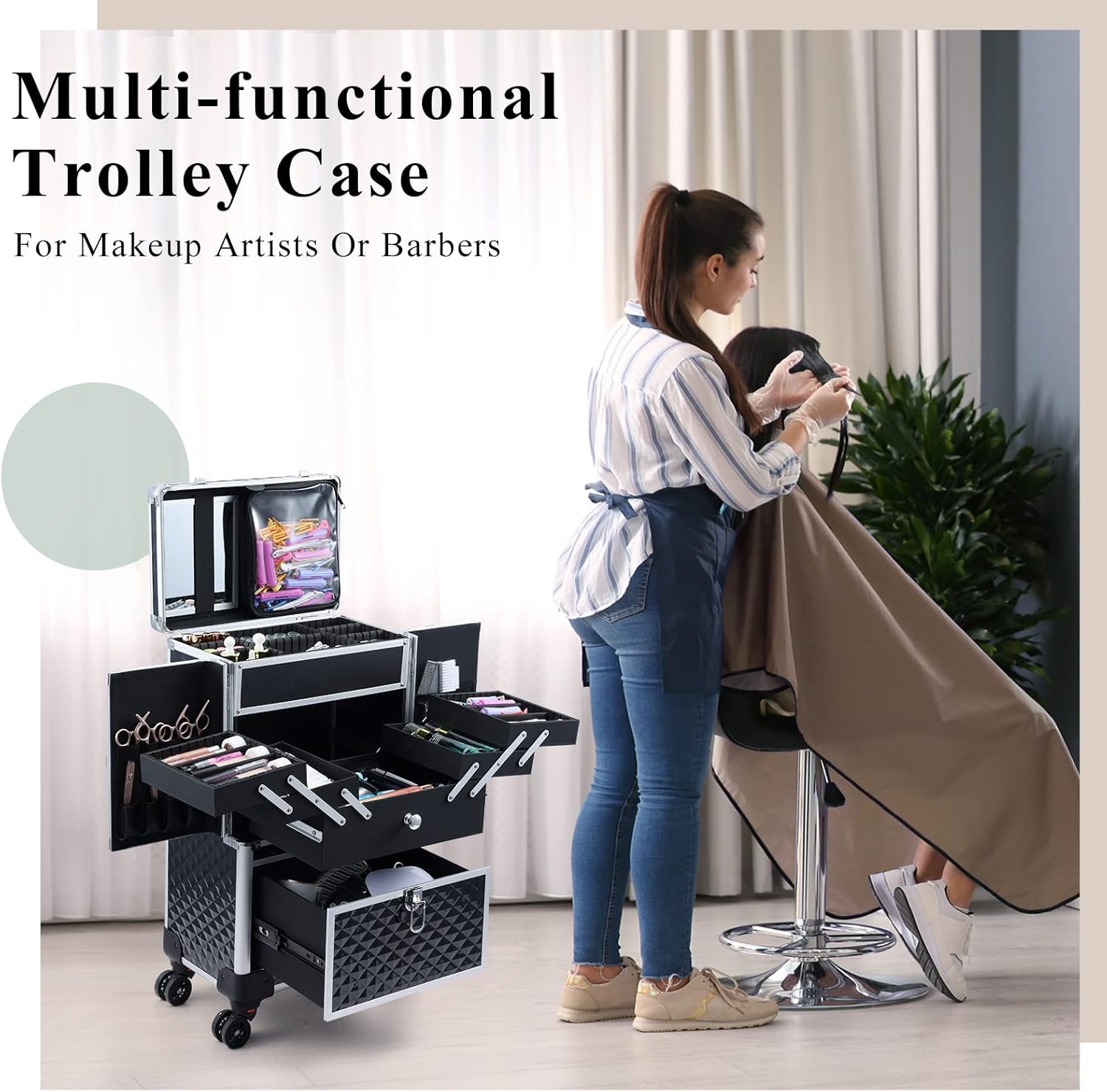 Adazzo Professional Makeup Artist Rolling Train Case Multi-functional Cosmetic Train Case Large Trolley Storage Case for Nail Technicians Cosmetology Case with Compartments for Hairstylist Shiny Black : Beauty & Personal Care