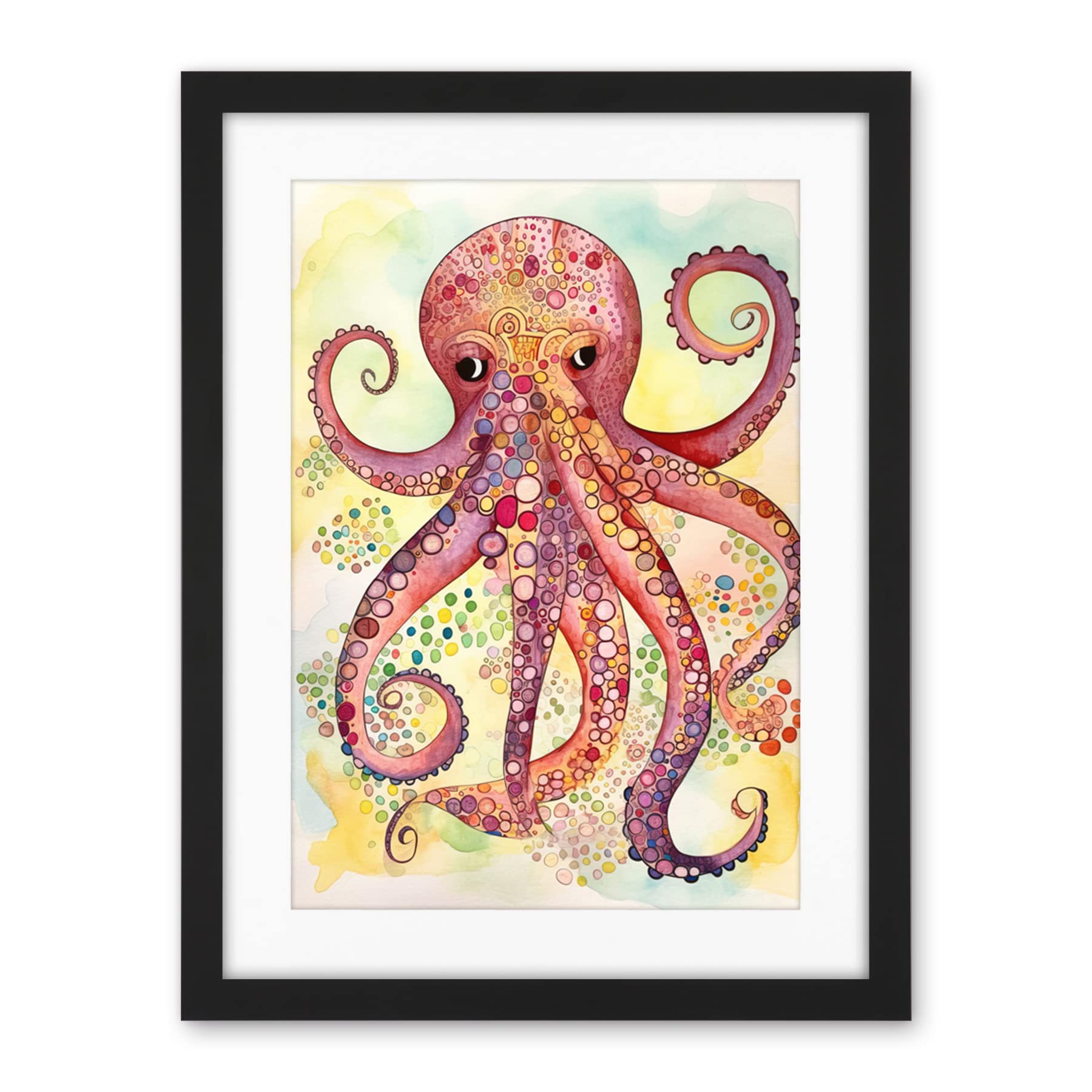 Artery8 Octopus Portrait Bright Folk Art Watercolour Painting Artwork Framed Wall Art Print 18X24 Inch