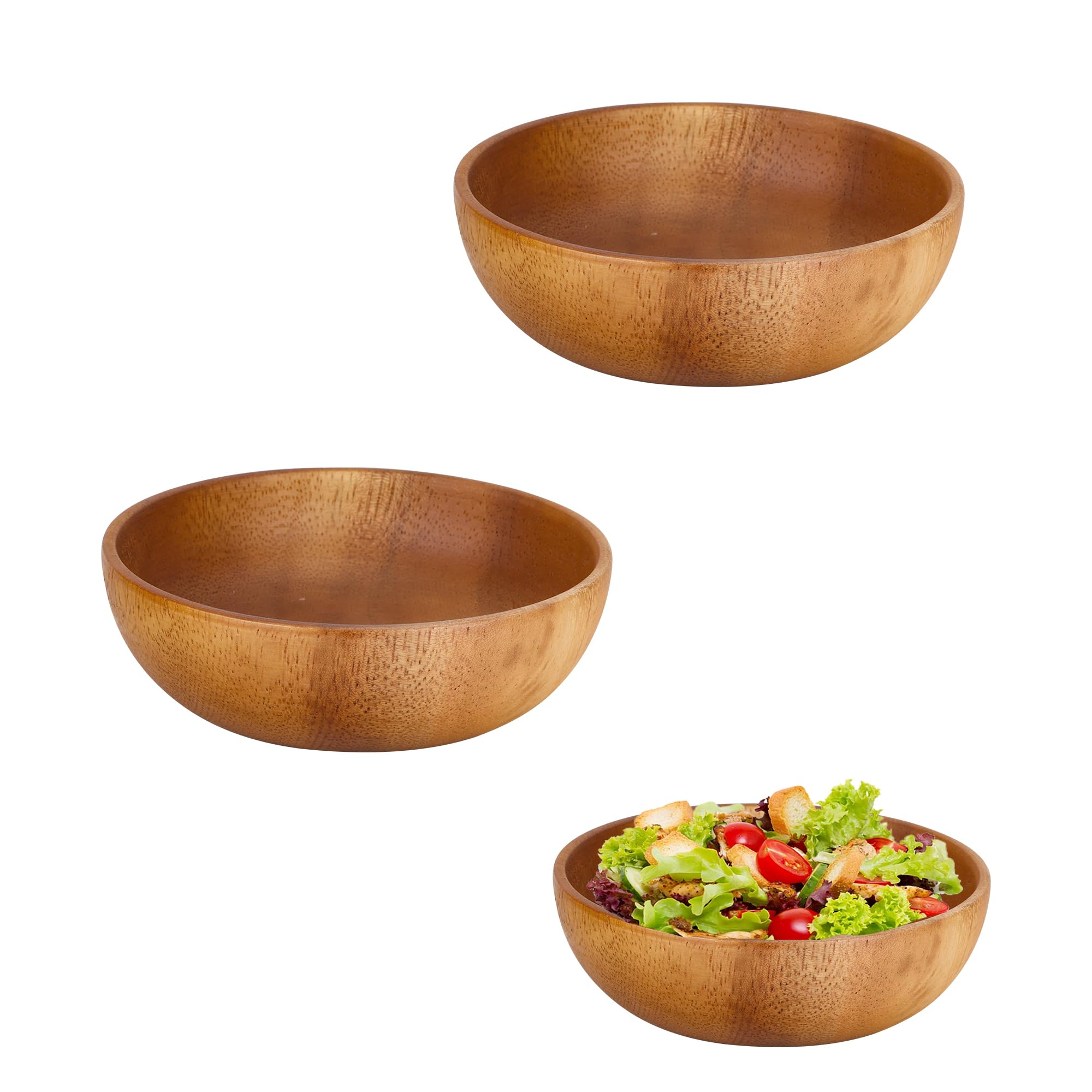 YKUKIZEE 2 PCS Wooden Serving Bowl 14 CM, Round Acacia Wooden Smoothie Bowl