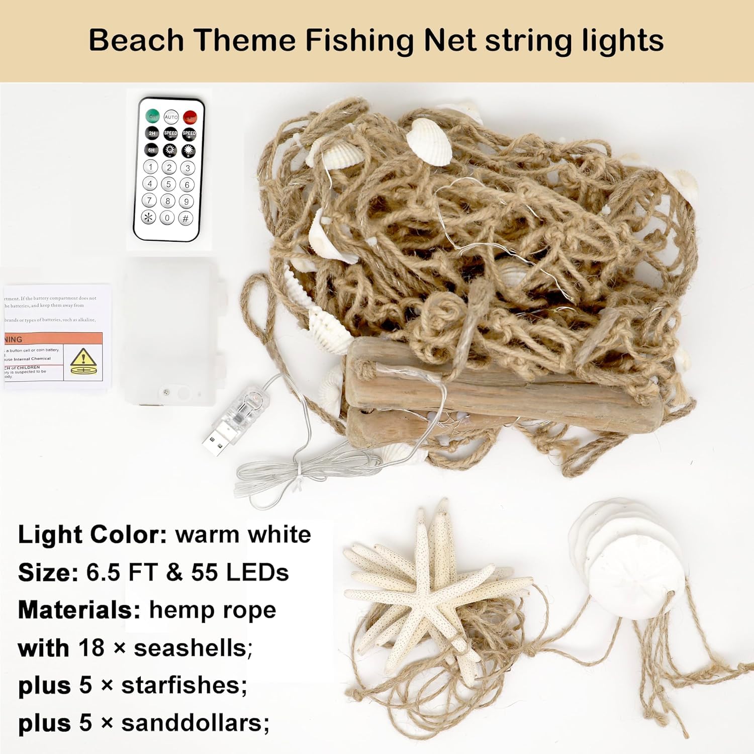 Condition photo showing New/Like New for seashell garland net lights 6.5ft 55led warm white, usb & battery powered remote timer dimmer, starfish sand dollar shell decor for beach bedroom coconut girl coastal room decor