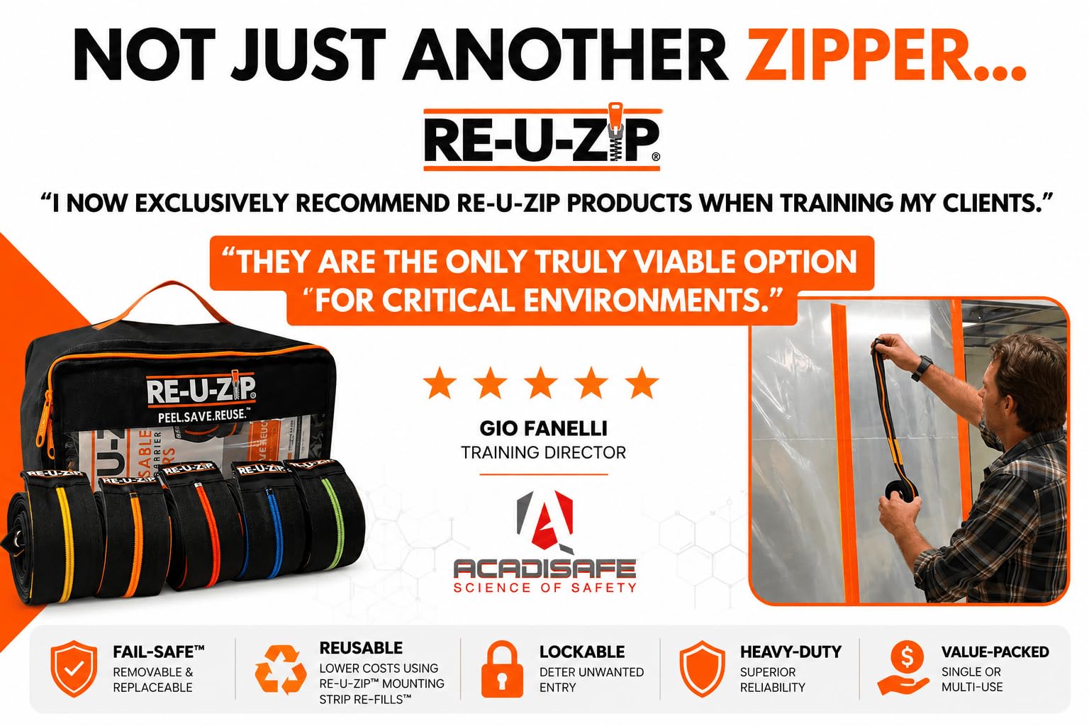 RE-U-ZIP Cremallera de barrera de polvo reutilizable | Paquete Pro – 6 cremalleras naranjas + 12 tiras de montaje + funda de transporte