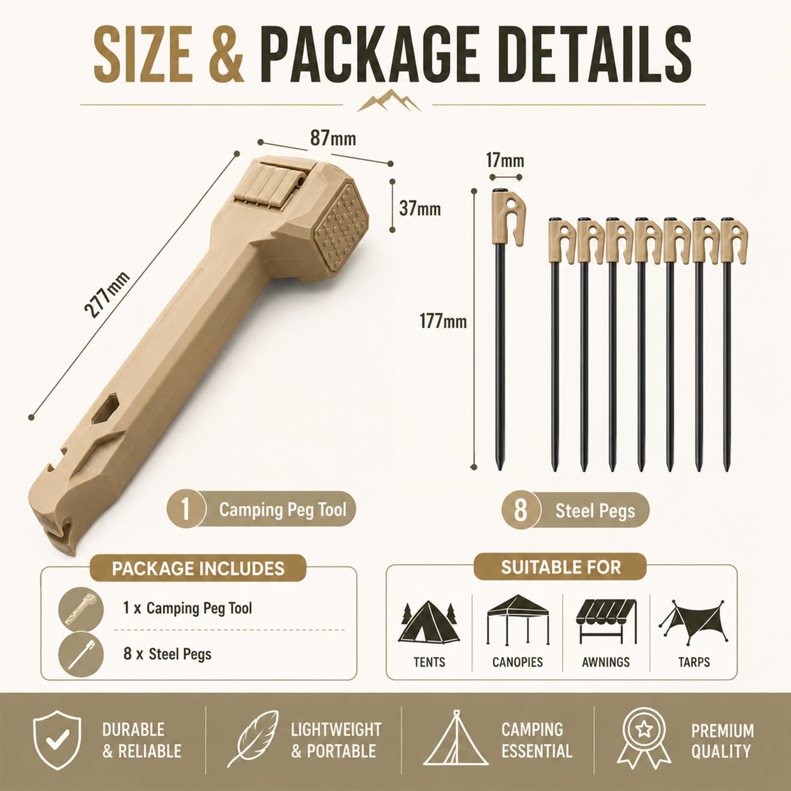 Camping Hammer With 8 Pegs, Tent Stake Driver With Peg Puller, Heavy Duty Tent Mallet, With Anti-Loss Storage Compartment, Includes 8 Steel Stakes, For Outdoor Hiking Camping Backpacking (Khaki)