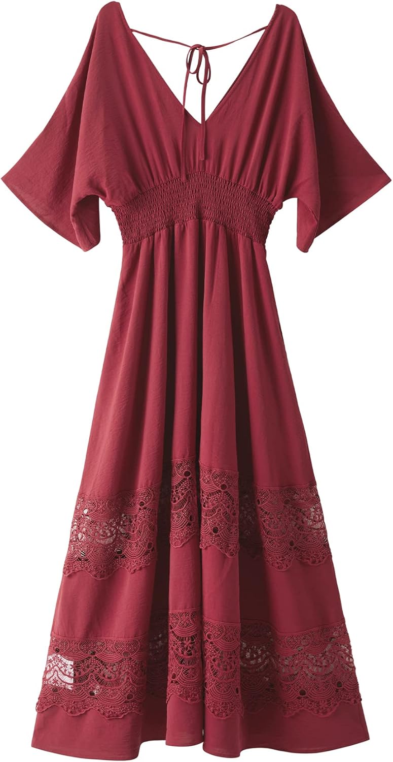 Women's Lace Maxi Dress Short Sleeve V Neck Party Dress Smocked Waist Boho Maxi Dress Bohemian Dress for Women - Image 3