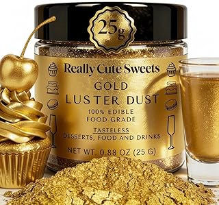 REALLY CUTE SWEETS Edible Gold Luster Dust for Drinks and Desserts bulk size (25g) – Fine Shiny Powder, Dust for Cake Decorating, Baking, Shimmer Food Coloring, Gold Sprinkles, Candy, Fondant, Icing, Chocolate, Dessert Toppers, Gold Leaf cake decorations and bulk container