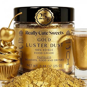 Really Cute Sweets Gold Luster Dust 25g, Edible Glitter Food Grade Shimmer Powder for Cake Decorating, Drinks & Desserts, Chocolates, Gluten Free, Vegan, Tasteless