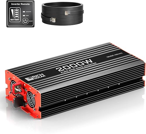 RICH SOLAR Inversor industrial de onda sinusoidal pura de 2000 vatios y 12 voltios, convertidor de 12 V CC a 110 V CA para remolque RV Marine Off