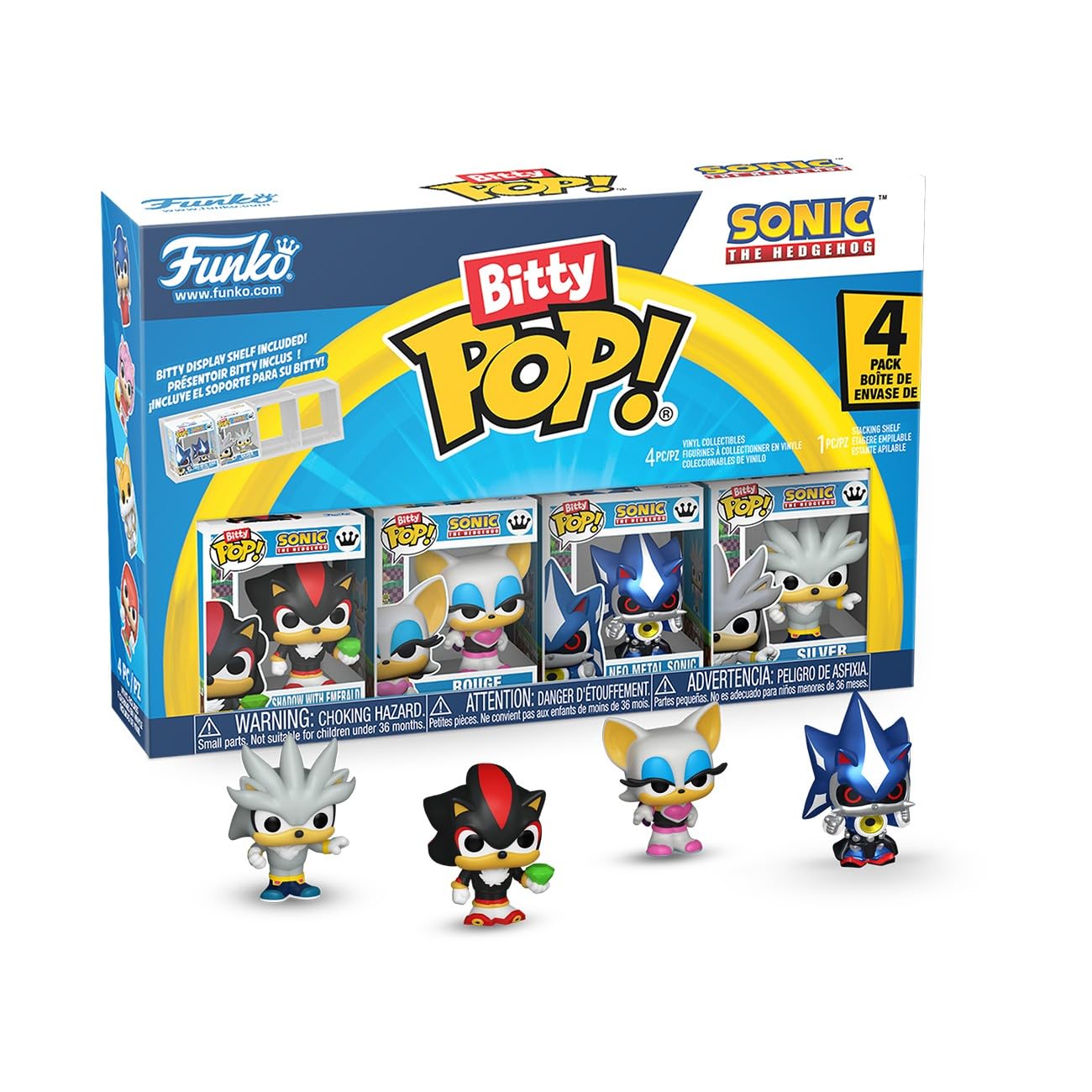 Funko Bitty POP! 4 Pack: Sonic The Hedgehog - Shadow with Emerald, Rouge, Neo Metal Sonic, Silver the Hedgehog - 0.9 inch (2.2 cm) Collectable - Stackable Display Shelf Included - Gift Idea
