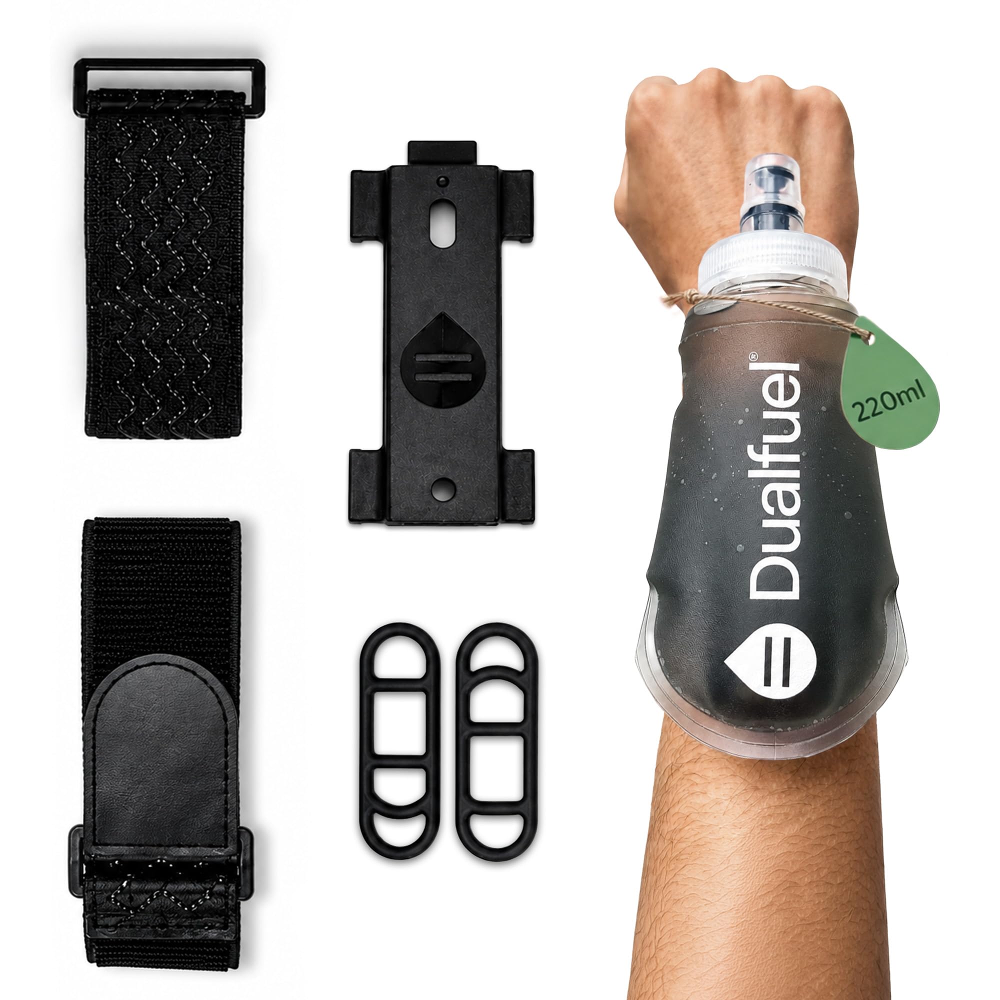 Dualfuel 220ml Wearable Flask – Soft Water Bottle for Running Gels or Hydration – Multi Mount Strap for Belt or Pack – Lightweight Running Flask, Hands Free for Hiking, Kayaking, Skiing