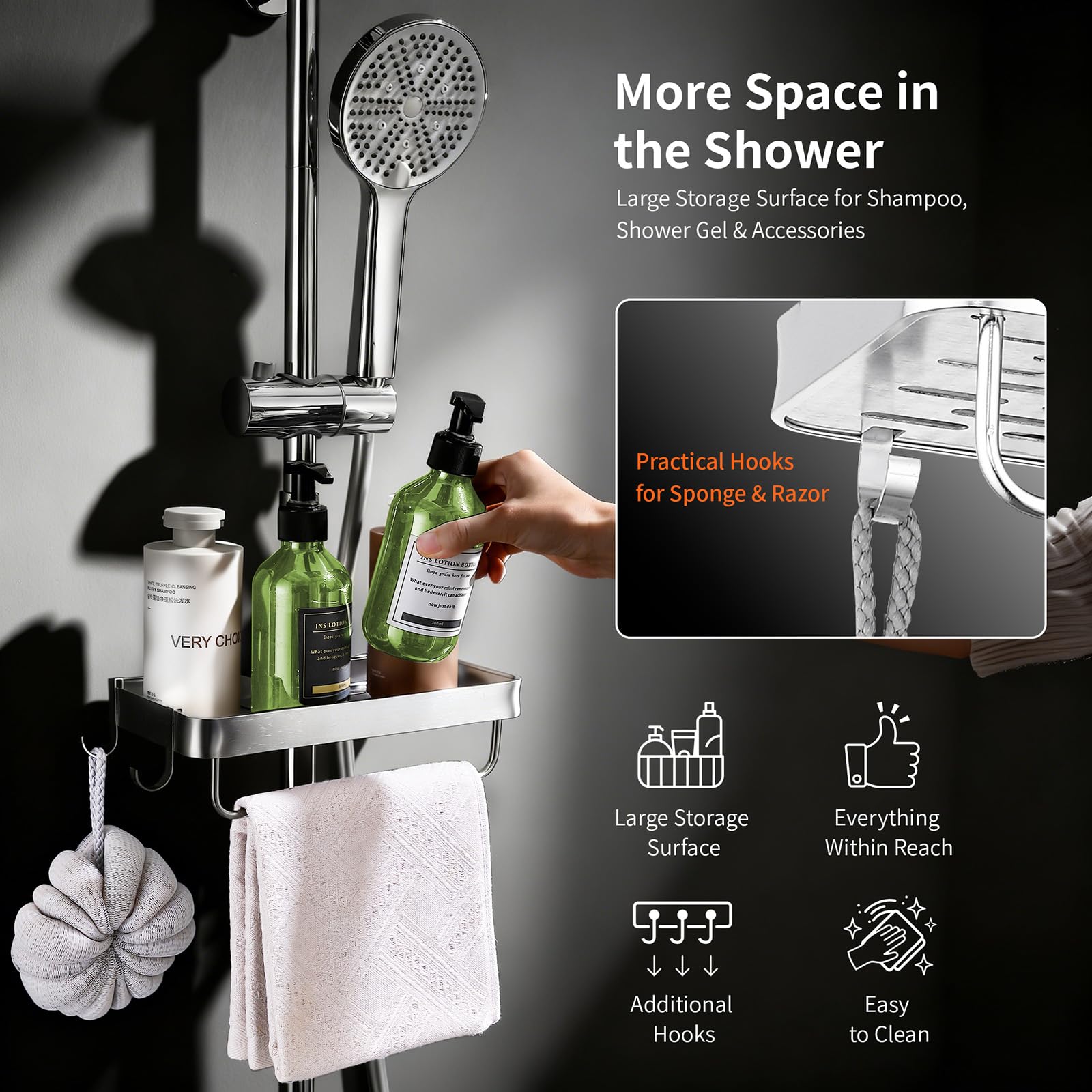 HOMELODY Regendusche ohne Armatur,Duschsystem Chrom mit 30*30cm Kopfbrause | 5 Strahlarten Handbraus,Aluminium Ablage,verstellbare Wandhalterung,2 PVC-Schläuche