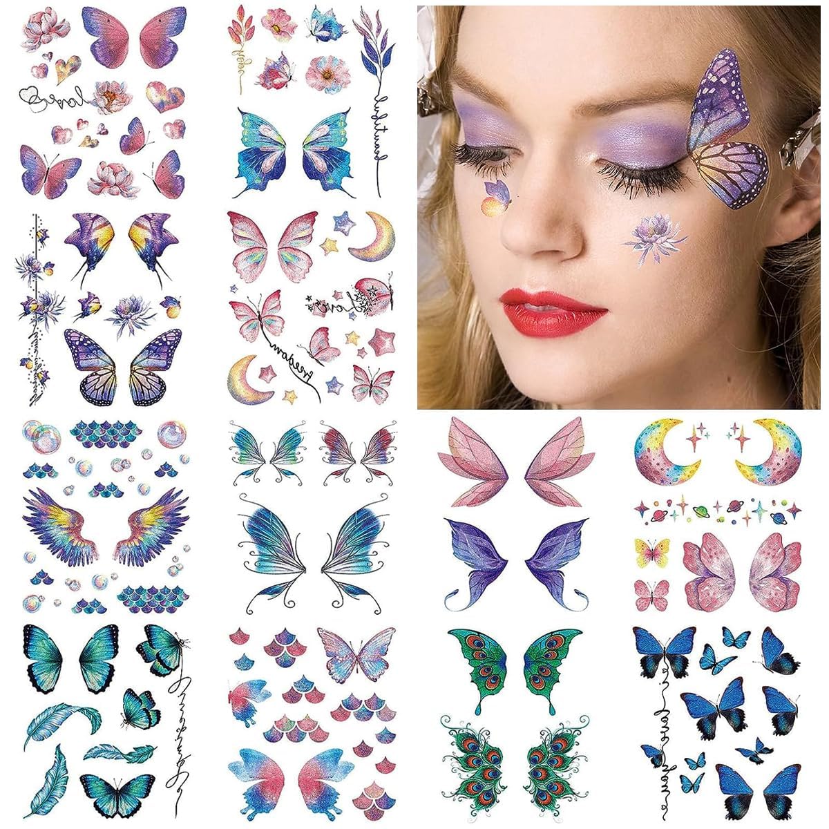 TREXEE Butterfly Tattoo Sticker, Face Mehendi Temporary Tattoos for Women Girls, Aesthetic Glitter Fake Tattoo Stickers for Face Arm Body, Freckle Tattoo Art for Rave Party (PACK OF 6)-image-23