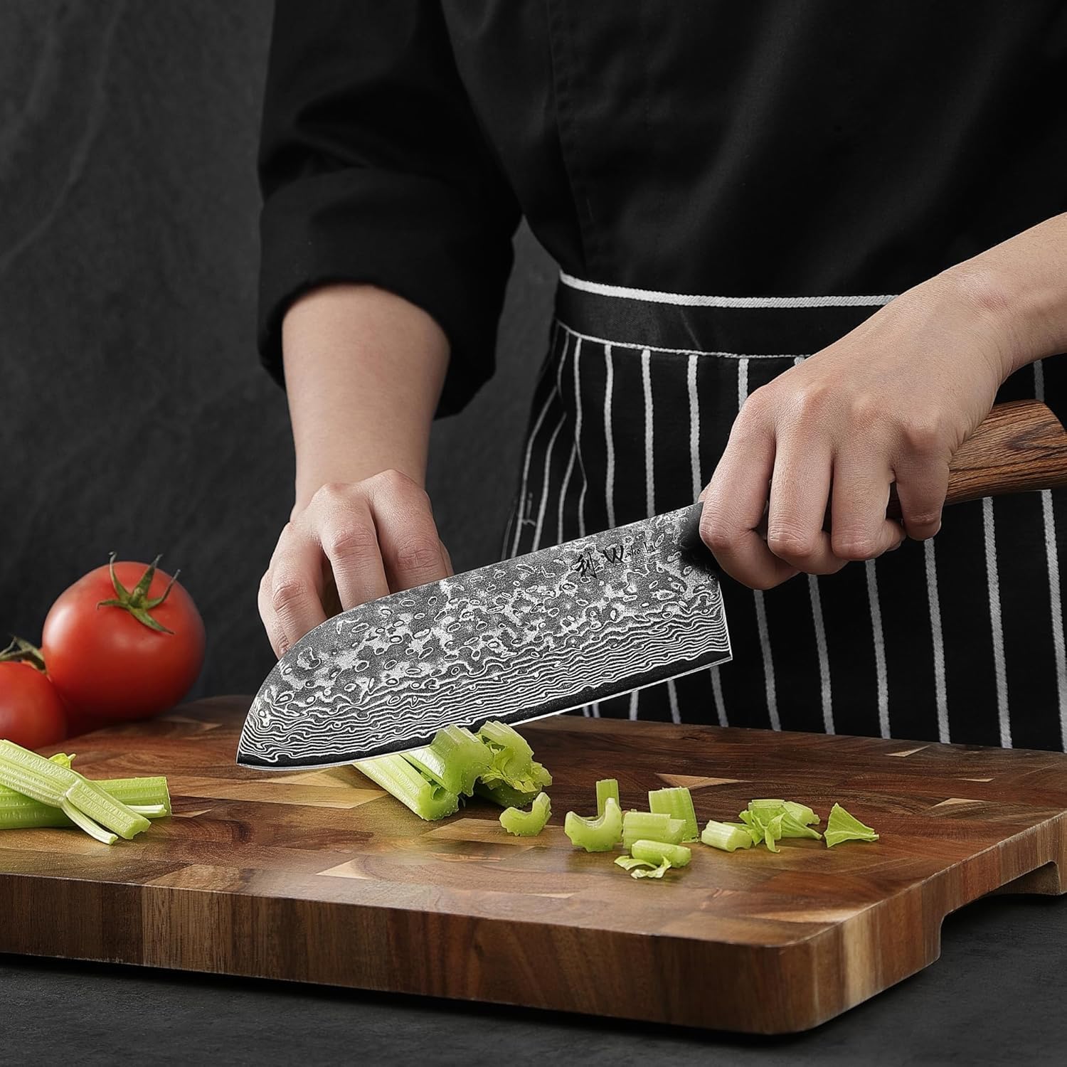 WAKOLI Edib Pro Couteau de cuisine chinois avec lame tranchante de 17,50cm en acier damassé fabriquée en 67 couches avec noyau VG10 I Couteau damas cuisine professionnel I Manche en bois de pakka