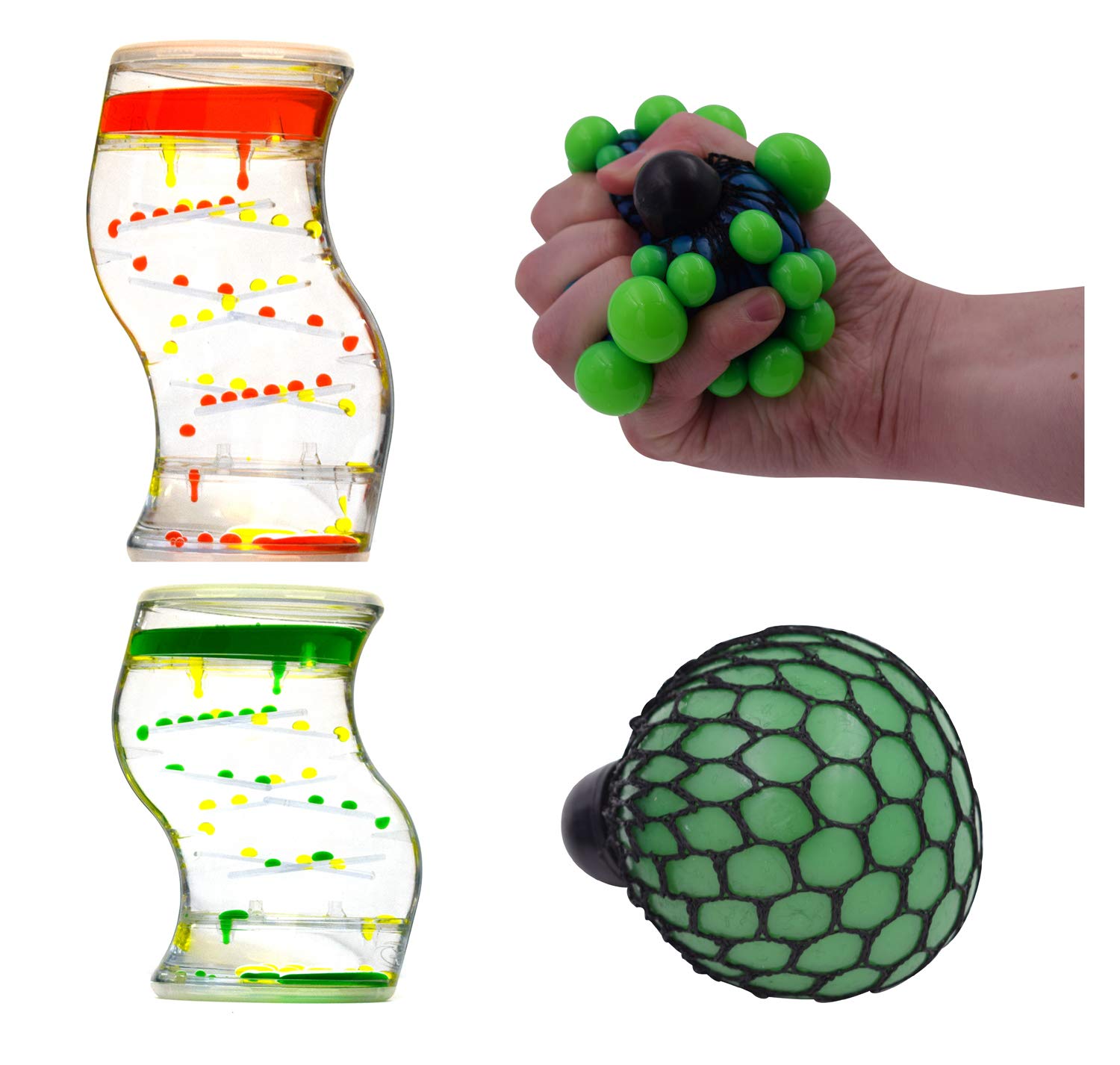 Playlearn Sensory Fidget Set - Single Liquid Timers x 2 & Squeezy Stress Balls x 2