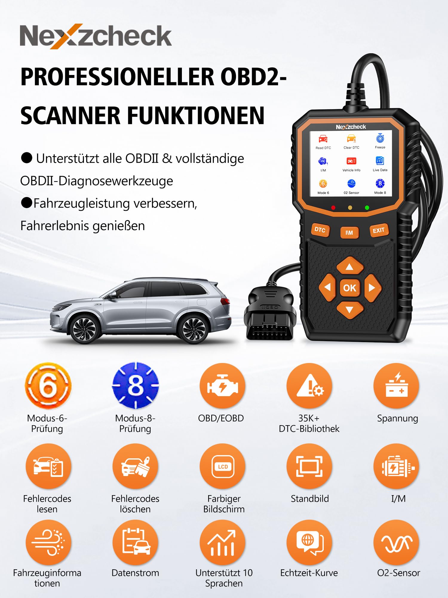 OBD2 Diagnosegerät OBD Auto Adapter: EOBD Auto Diagnose mit Vollständigen OBD-II Funktionen Motor Fehlerauslesegerät für BMW VW Mercedes Audi KFZ Diagnosegerät Deutsch für Alle OBD2 Scanner Fahrzeuge