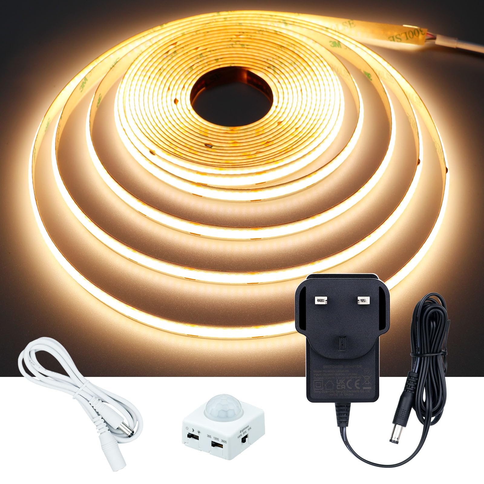 GOMING Motion Sensor COB LED Strip Light 16.4ft(5M) Warm White 3000K CRI 93+ 3 Lighting Modes 3 Timing Off Modes 3 Brightness Modes with Power Adapter for Kitchen Cabinets Stair Showcase Bedroom Bed — image 1