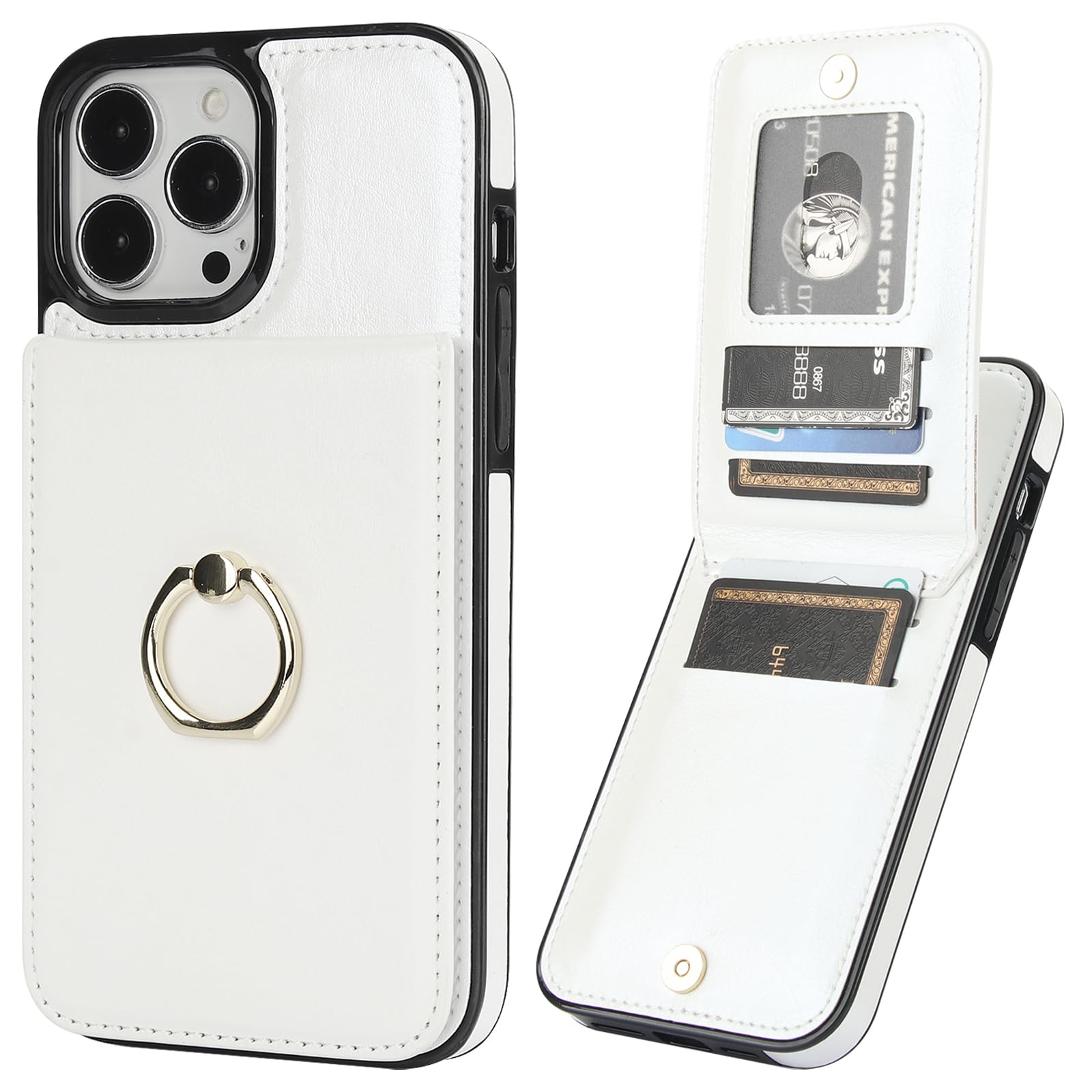KIHUWEY Funda tipo cartera para iPhone 13 Pro Max con soporte para tarjetas de crédito, anillo de rotación de 360°, piel sintética, cierre magnético, funda protectora resistente para mujeres y hombres