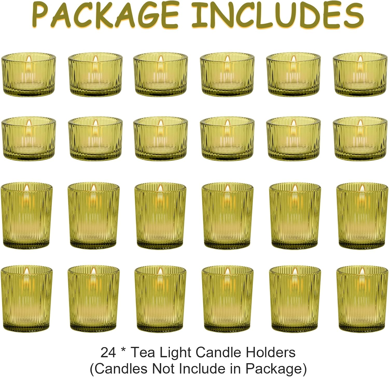 24pcs Ribbed Green Votive Candle Holders - Assorted Tea Light Candle Holder Glass for Wedding Table Decor, Green Candle Holders for Table Centerpieces, Brithday and Tea Party Decorations