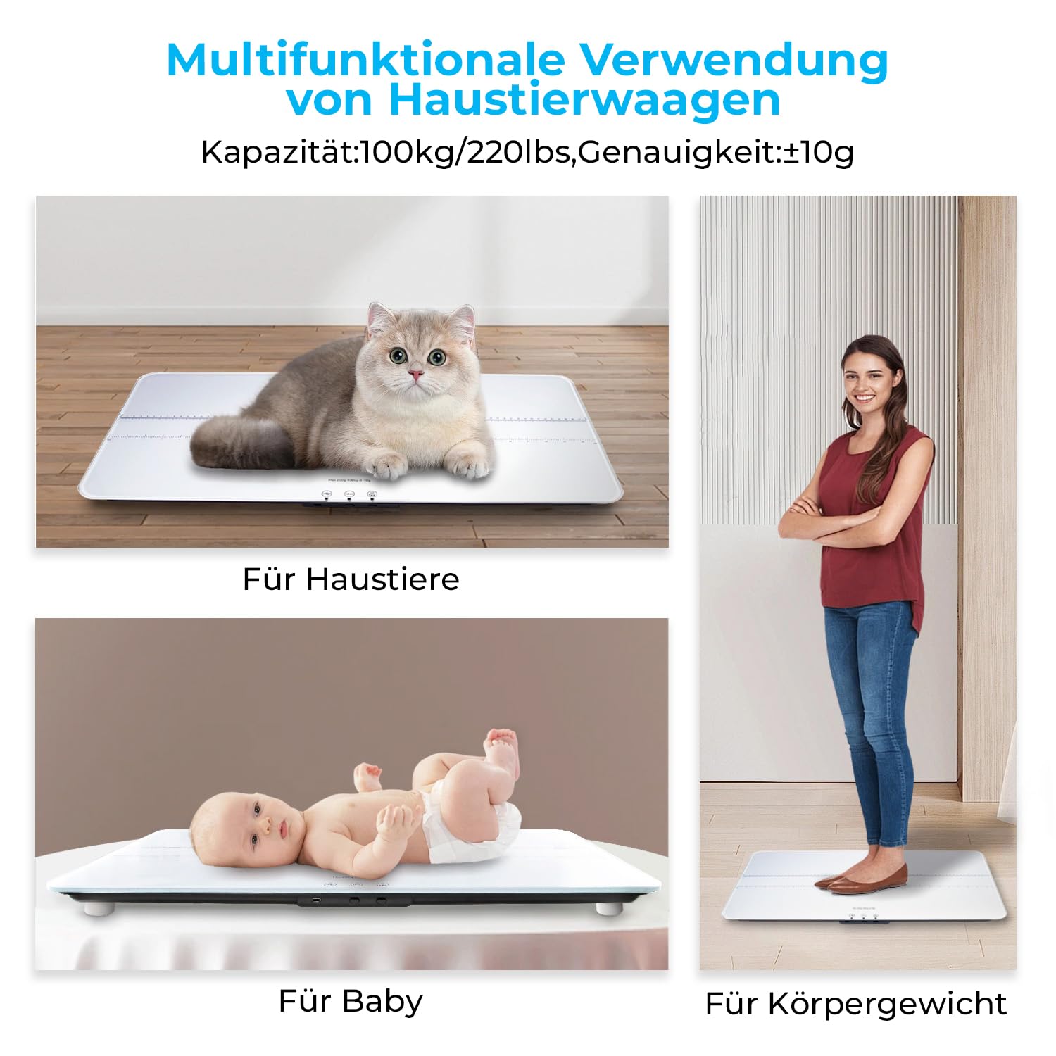 UNIWEIGH Digitale Haustierwaage, 10 g, hohe Genauigkeit, für Hunde und Katzen, 3 Wiegeeinheiten, Tara-/Haltefunktion, Babywaage, gehärtetes Glas, USB-Kabel, groß | 3 Wiegeeinheiten/Tara-/Haltefunktion, Babywaage für Haustiere, gehärtetes Glas, USB-Aufladu
