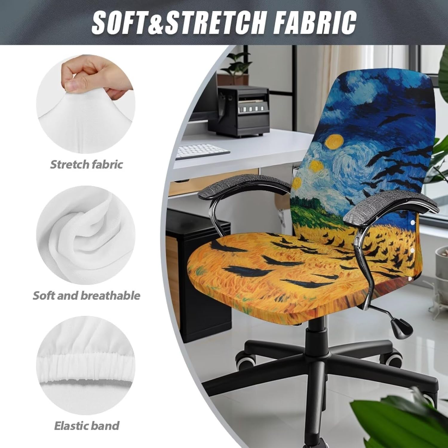 Office Chair Cover Stretchable Swivel Computer Desk Chair Slipcovers with Elastic Bottom One Piece Seat Covers for Armrest Chairs High Back Chair Van Gogh Rice Field with Crows