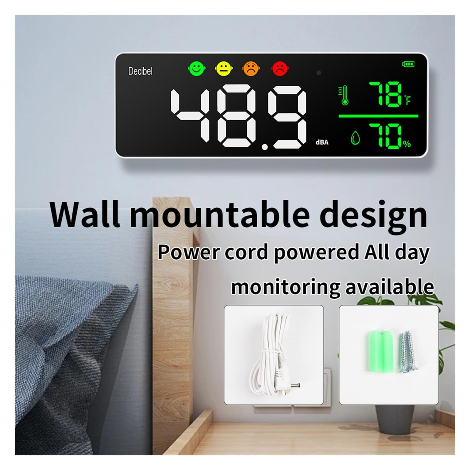 Medidor de Decibelios, Medidor de nivel sonido digital pared, 30-130 dBA, monitor decibelios